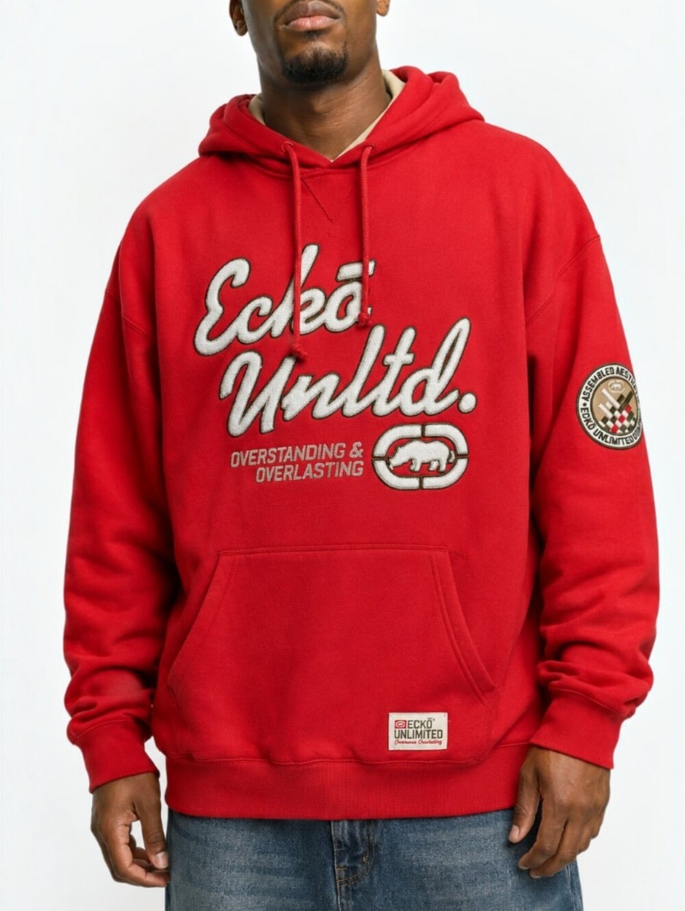 Vintage Ecko Unltd Y2K Red Sleeve Patch Graphic Hoodie L Streetwear Pullover